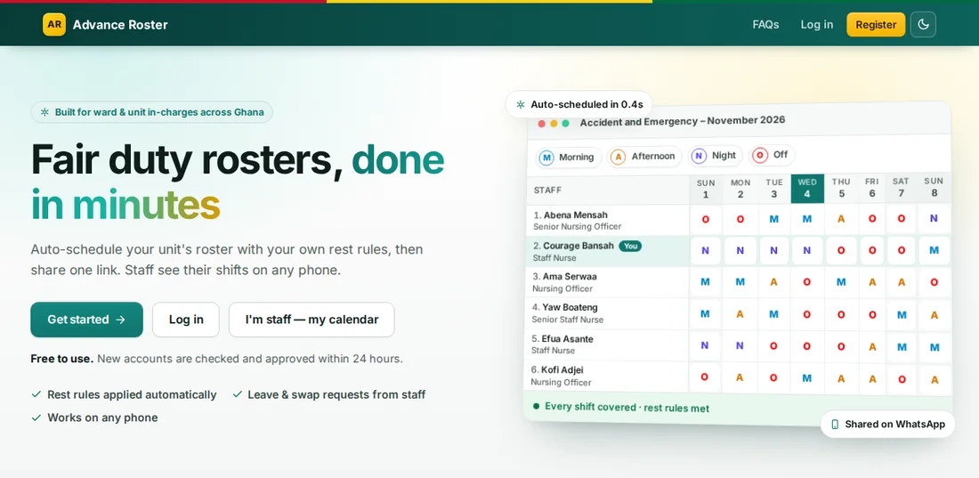 Screenshot of the advanceroster.com home page